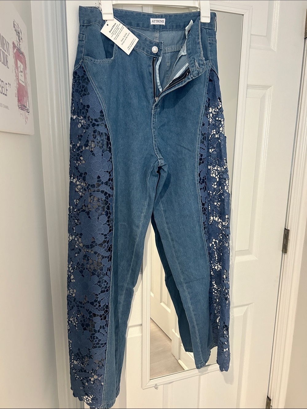 Blue Lace-Panel Wide Leg Jeans